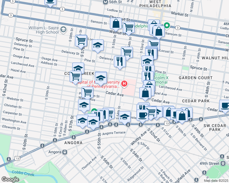 map of restaurants, bars, coffee shops, grocery stores, and more near 5410 Cedar Avenue in Philadelphia