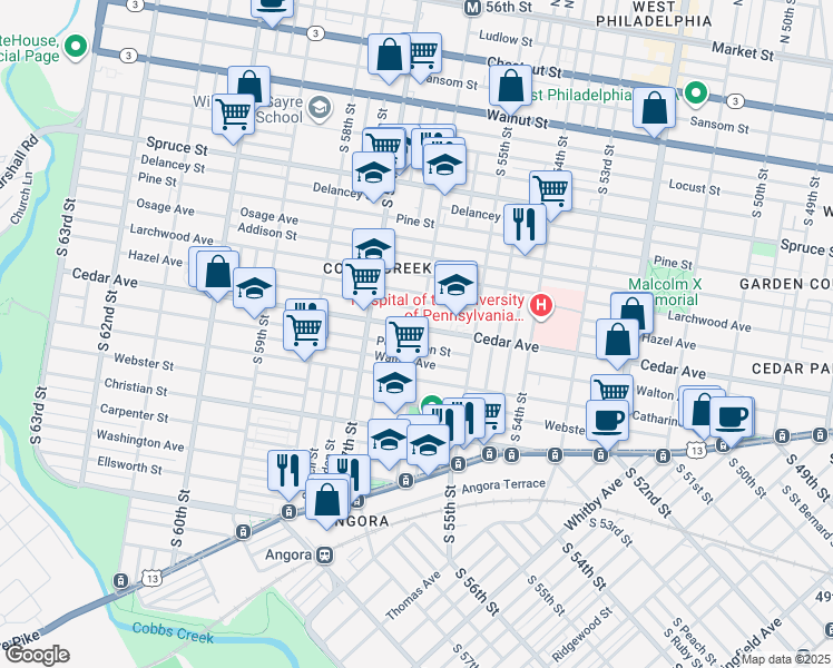 map of restaurants, bars, coffee shops, grocery stores, and more near 5611 Pemberton Street in Philadelphia