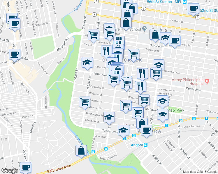 map of restaurants, bars, coffee shops, grocery stores, and more near 6042 Catharine Street in Philadelphia