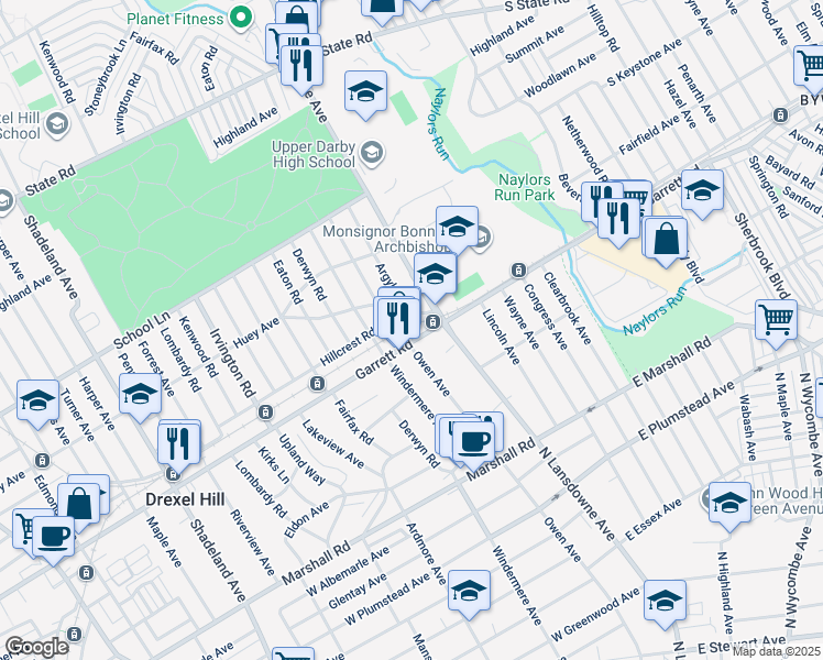 map of restaurants, bars, coffee shops, grocery stores, and more near 2249 Garrett Road in Drexel Hill