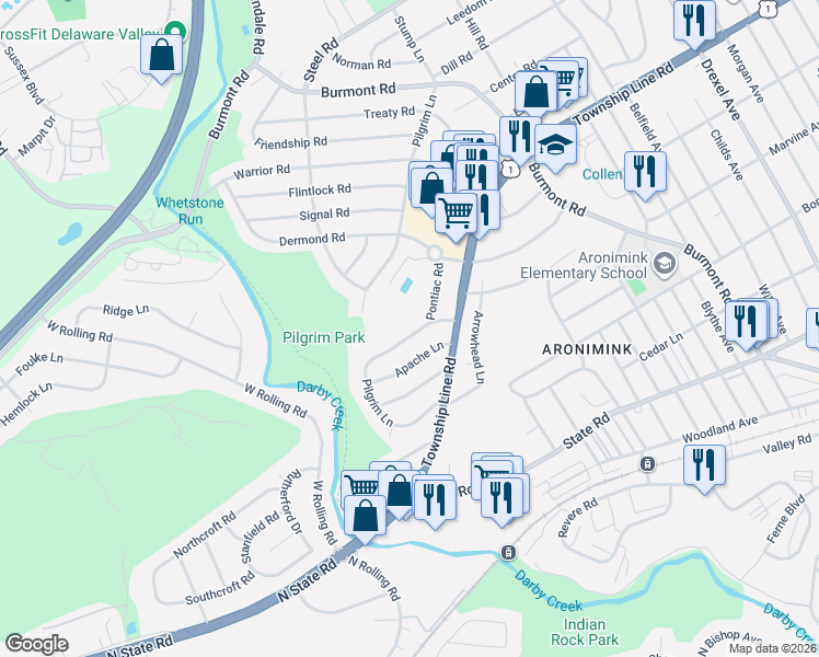 map of restaurants, bars, coffee shops, grocery stores, and more near 5232 Reservation Road in Drexel Hill