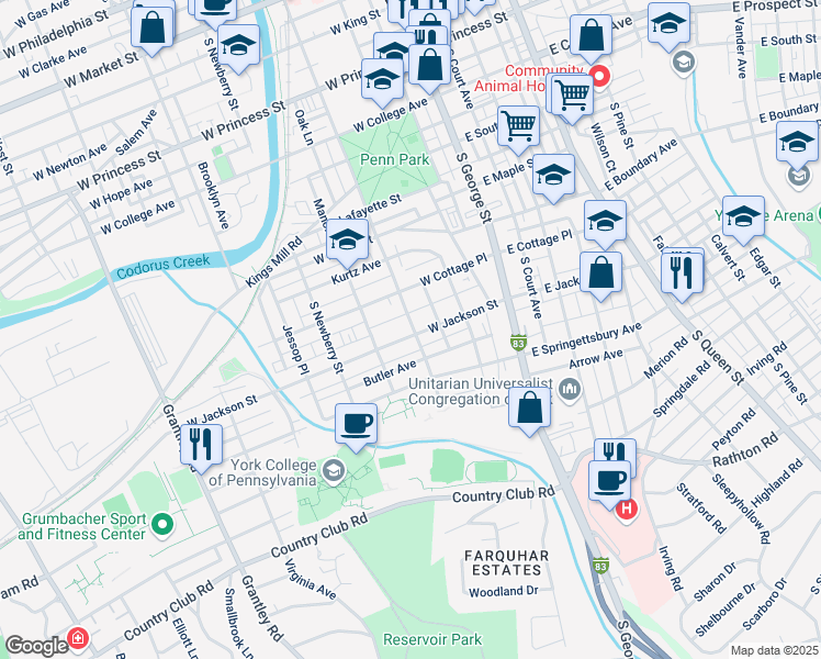 map of restaurants, bars, coffee shops, grocery stores, and more near 200 West Jackson Street in York