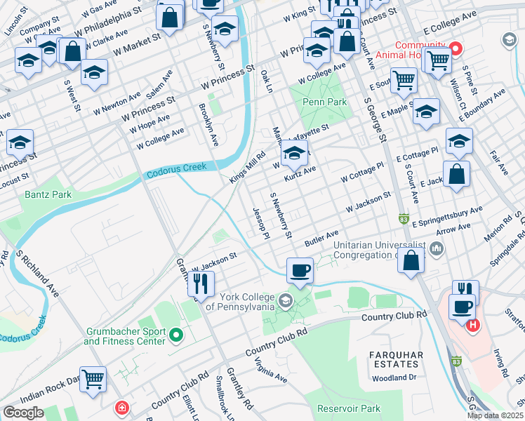 map of restaurants, bars, coffee shops, grocery stores, and more near 338 West Cottage Place in York
