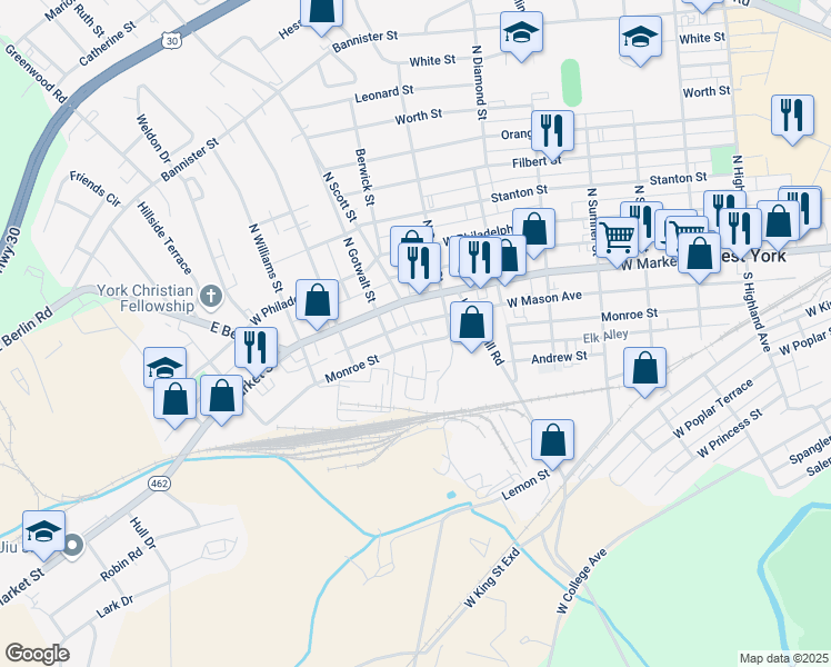 map of restaurants, bars, coffee shops, grocery stores, and more near 2150 Monroe Street in York