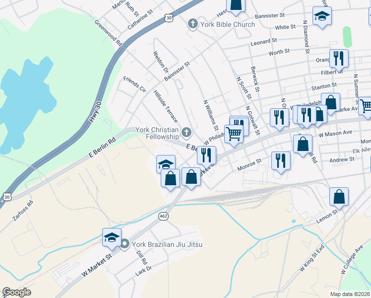 map of restaurants, bars, coffee shops, grocery stores, and more near 300 East Berlin Road in York County
