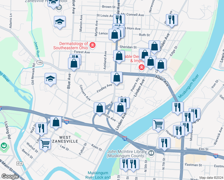 map of restaurants, bars, coffee shops, grocery stores, and more near 1019 Maple Avenue in Zanesville