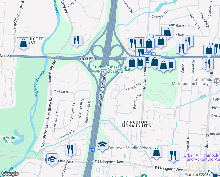 map of restaurants, bars, coffee shops, grocery stores, and more near 1387 Orchard Park Drive in Columbus
