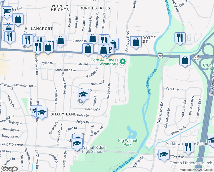 map of restaurants, bars, coffee shops, grocery stores, and more near 1252 Gertrude Drive in Columbus