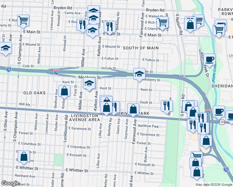 map of restaurants, bars, coffee shops, grocery stores, and more near 1574 Gault Street in Columbus