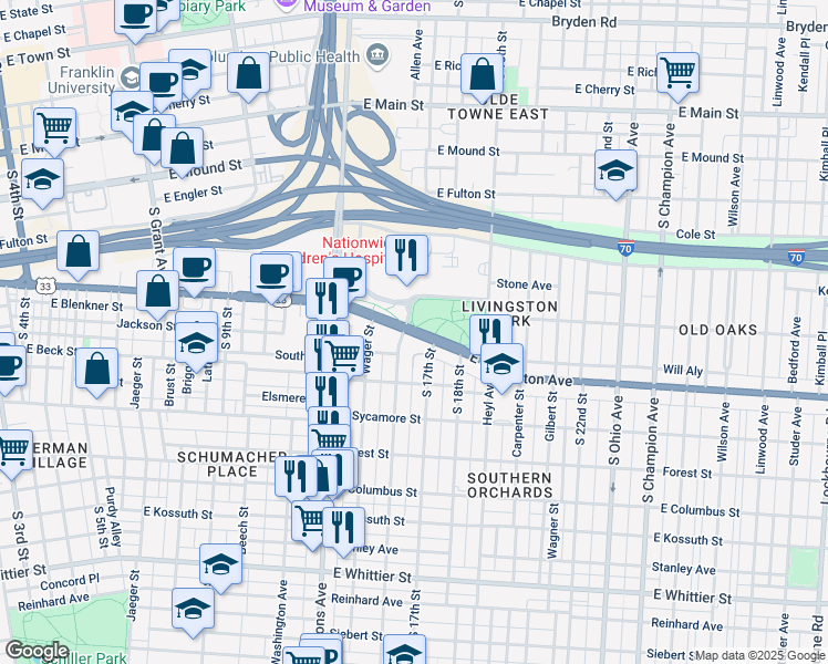 map of restaurants, bars, coffee shops, grocery stores, and more near 655 Ann Street in Columbus