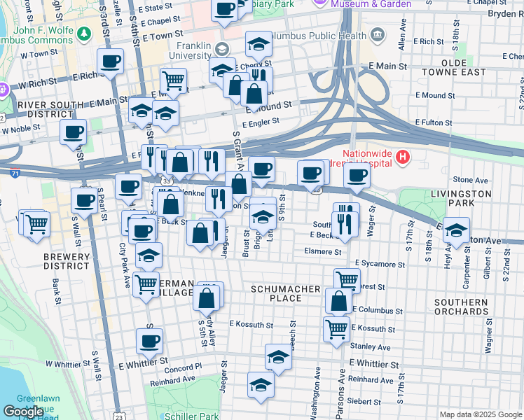 map of restaurants, bars, coffee shops, grocery stores, and more near 603 Lathrop Street in Columbus
