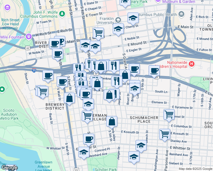 map of restaurants, bars, coffee shops, grocery stores, and more near 228 East Beck Street in Columbus