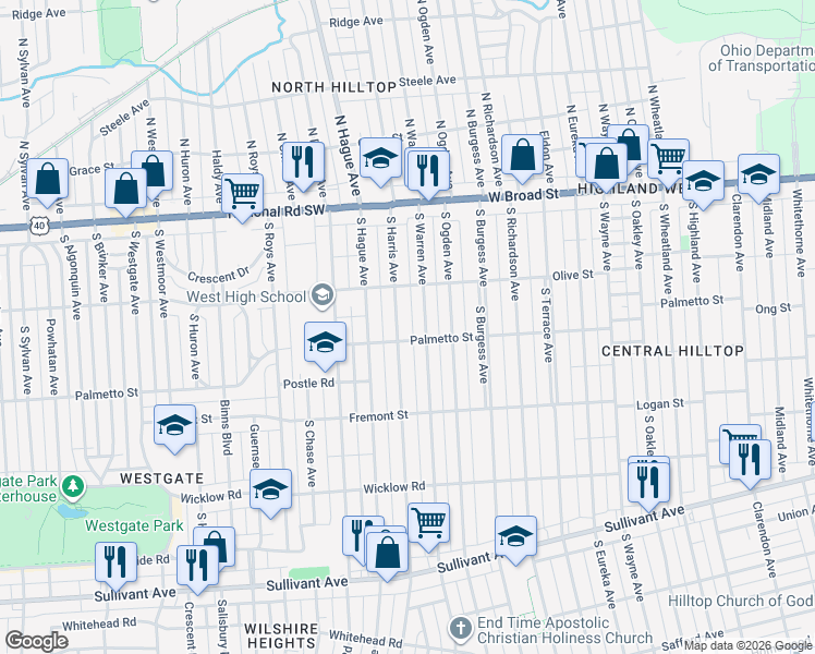 map of restaurants, bars, coffee shops, grocery stores, and more near 193 South Warren Avenue in Columbus