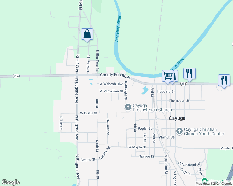 map of restaurants, bars, coffee shops, grocery stores, and more near 218 West Court Drive in Cayuga