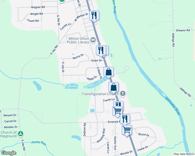 map of restaurants, bars, coffee shops, grocery stores, and more near 118 Philip Drive in West Milton