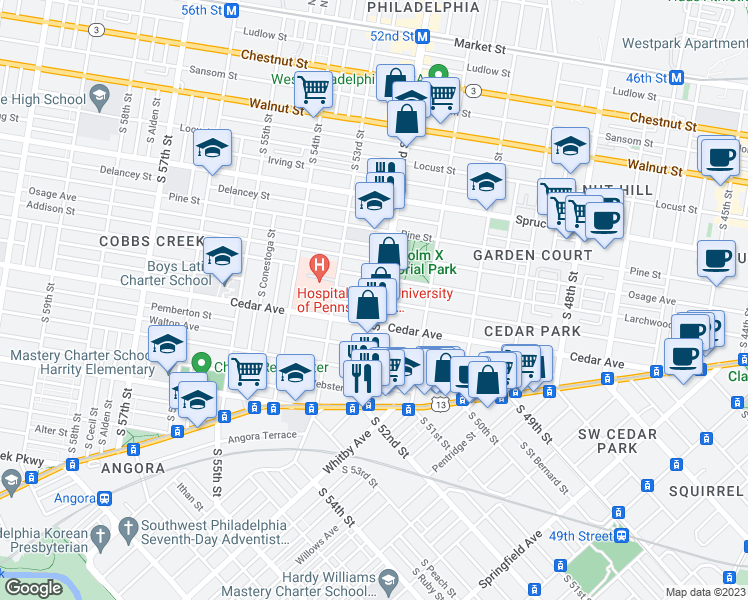 map of restaurants, bars, coffee shops, grocery stores, and more near 530 South 52nd Street in Philadelphia