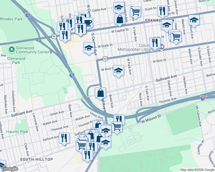 map of restaurants, bars, coffee shops, grocery stores, and more near 319 Brehl Avenue in Columbus