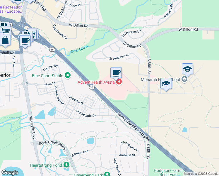 map of restaurants, bars, coffee shops, grocery stores, and more near 80 Health Park Drive in Louisville