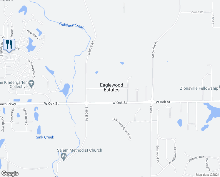 map of restaurants, bars, coffee shops, grocery stores, and more near 8000 South Eaglewood Drive in Zionsville