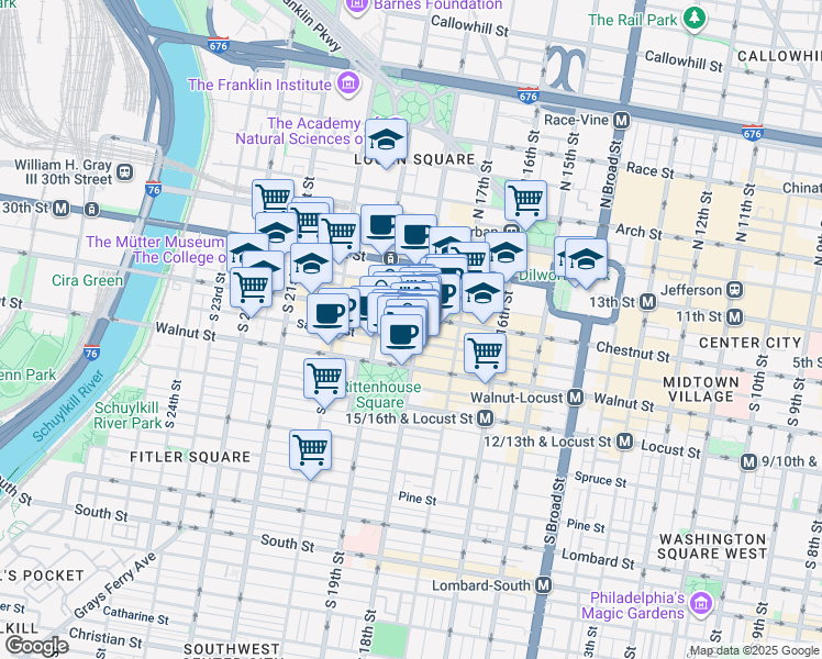 map of restaurants, bars, coffee shops, grocery stores, and more near 112 South 18th Street in Philadelphia
