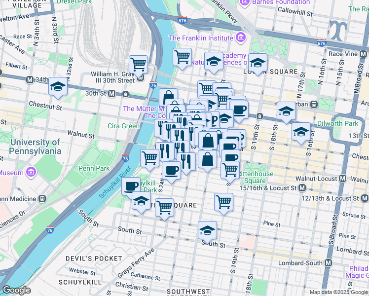 map of restaurants, bars, coffee shops, grocery stores, and more near 2207 Walnut Street in Philadelphia