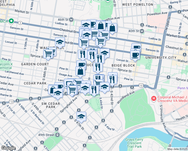 map of restaurants, bars, coffee shops, grocery stores, and more near 4322 Pine Street in Philadelphia