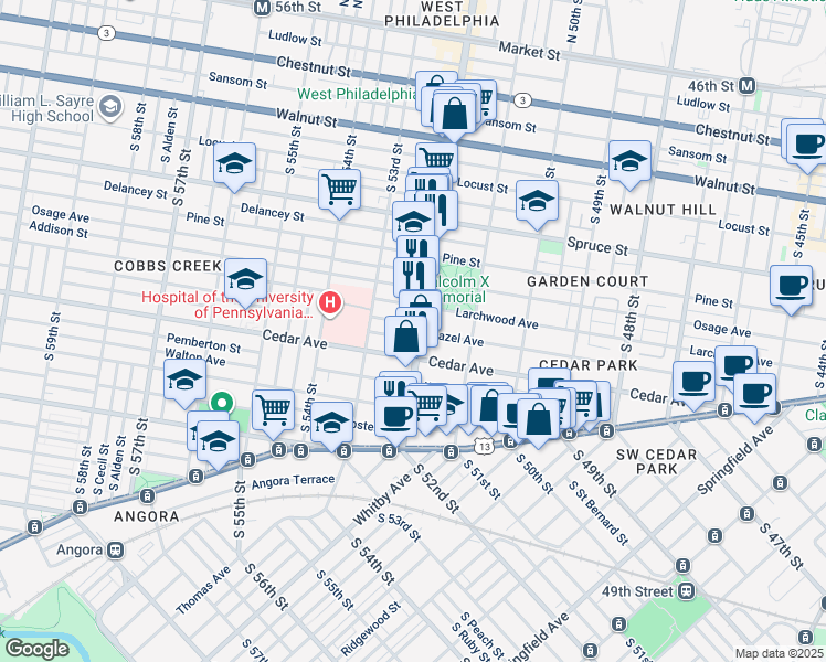 map of restaurants, bars, coffee shops, grocery stores, and more near 530 South 52nd Street in Philadelphia