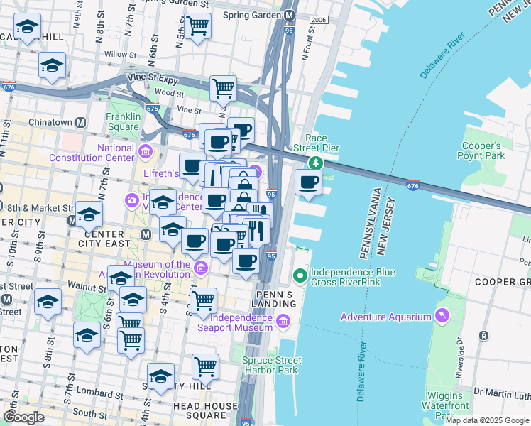 map of restaurants, bars, coffee shops, grocery stores, and more near 50 North Front Street in Philadelphia