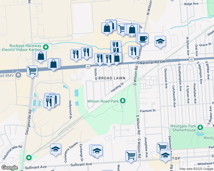 map of restaurants, bars, coffee shops, grocery stores, and more near 121 Coolidge Avenue in Columbus