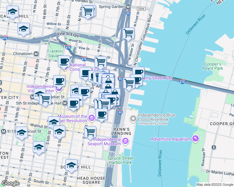 map of restaurants, bars, coffee shops, grocery stores, and more near 50 North Front Street in Philadelphia