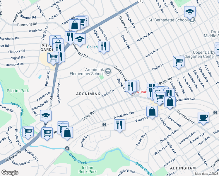 map of restaurants, bars, coffee shops, grocery stores, and more near 910 Anderson Avenue in Drexel Hill