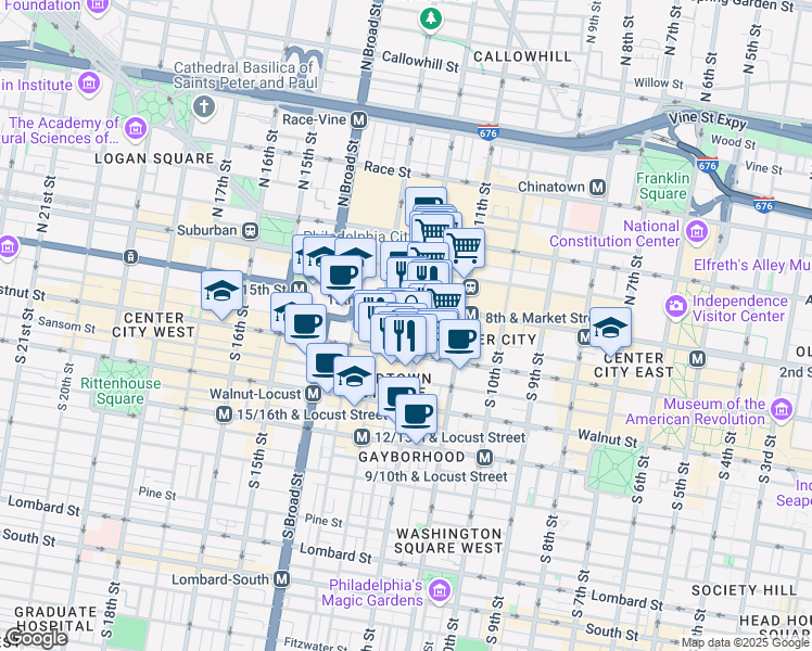 map of restaurants, bars, coffee shops, grocery stores, and more near 1199 Ludlow Street in Philadelphia