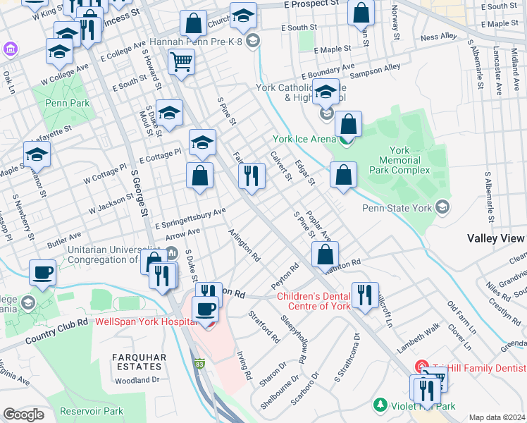map of restaurants, bars, coffee shops, grocery stores, and more near 935 South Queen Street in York