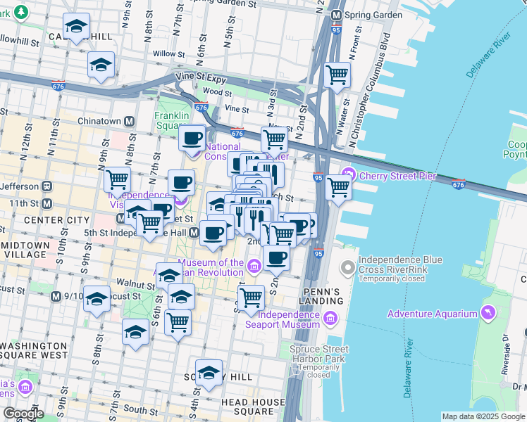 map of restaurants, bars, coffee shops, grocery stores, and more near 30 North 3rd Street in Philadelphia