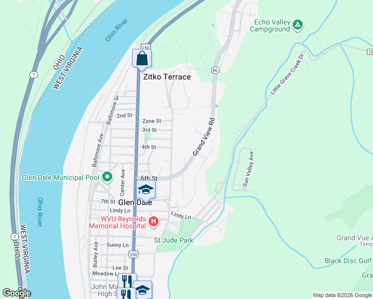 map of restaurants, bars, coffee shops, grocery stores, and more near 610 Grandview Rd in Glen Dale
