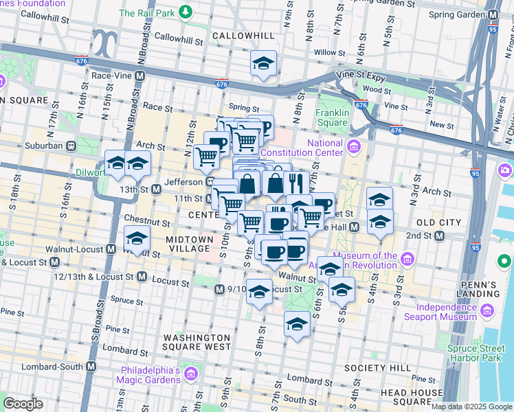 map of restaurants, bars, coffee shops, grocery stores, and more near 901 Market Street in Philadelphia