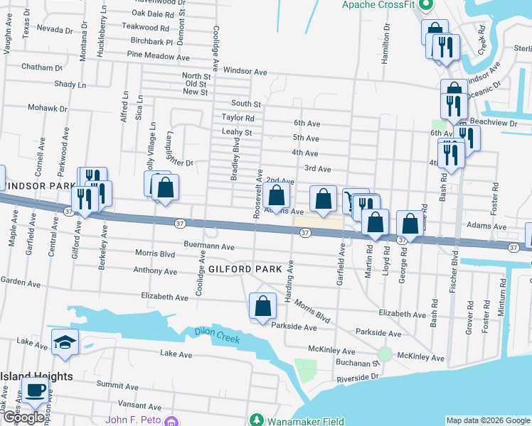 map of restaurants, bars, coffee shops, grocery stores, and more near 2202 New Jersey 37 in Toms River