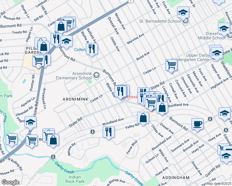 map of restaurants, bars, coffee shops, grocery stores, and more near 837 Blythe Avenue in Drexel Hill
