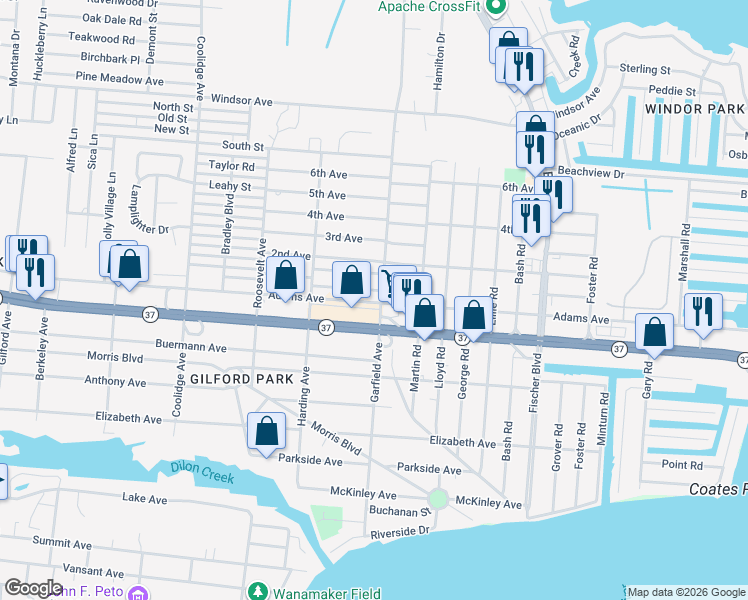 map of restaurants, bars, coffee shops, grocery stores, and more near 2336 Adams Avenue in Toms River