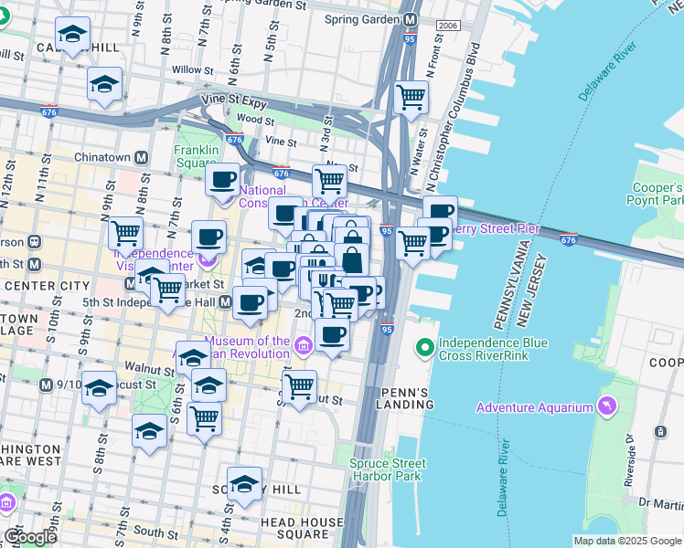 map of restaurants, bars, coffee shops, grocery stores, and more near 52 North 2nd Street in Philadelphia