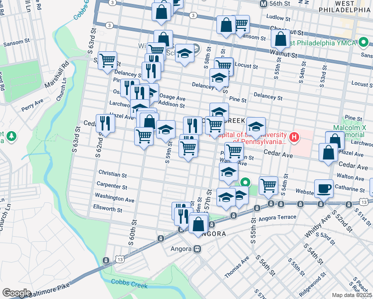 map of restaurants, bars, coffee shops, grocery stores, and more near 5816 Pemberton Street in Philadelphia
