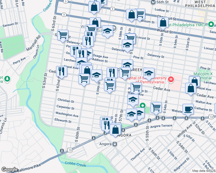 map of restaurants, bars, coffee shops, grocery stores, and more near 5818 Pemberton Street in Philadelphia