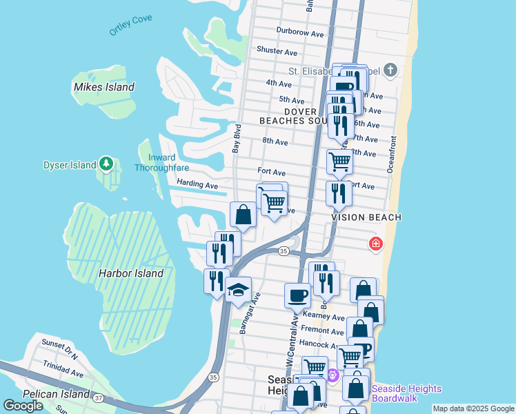map of restaurants, bars, coffee shops, grocery stores, and more near 299 Eisenhower Avenue in Seaside Heights