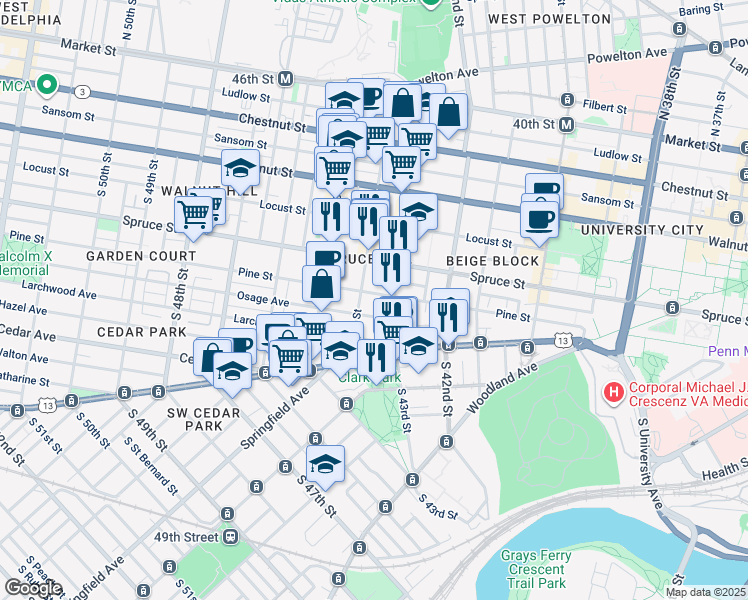 map of restaurants, bars, coffee shops, grocery stores, and more near 4322 Pine Street in Philadelphia