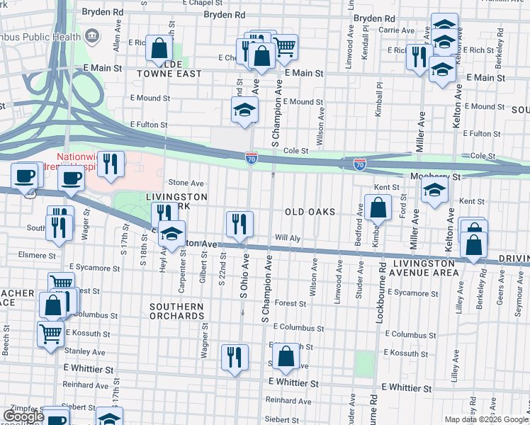 map of restaurants, bars, coffee shops, grocery stores, and more near 692 South Ohio Avenue in Columbus