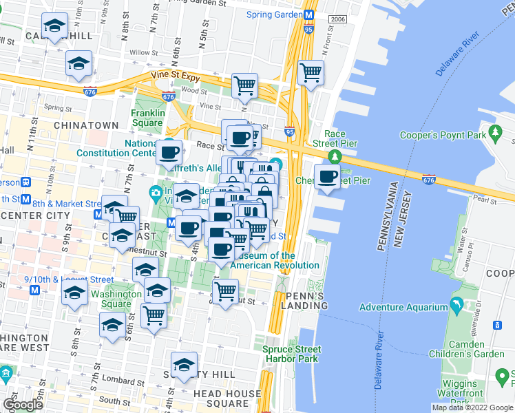 map of restaurants, bars, coffee shops, grocery stores, and more near 52 North 2nd Street in Philadelphia