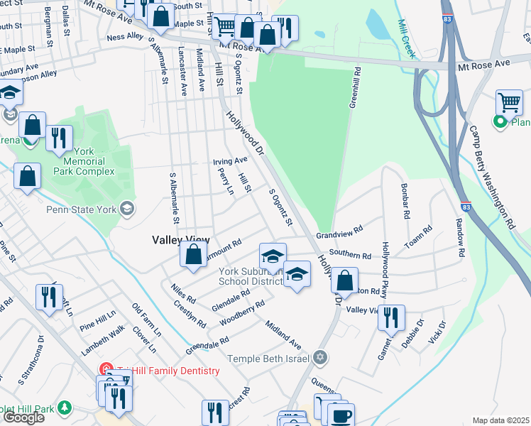 map of restaurants, bars, coffee shops, grocery stores, and more near 1331 Hill Street in York