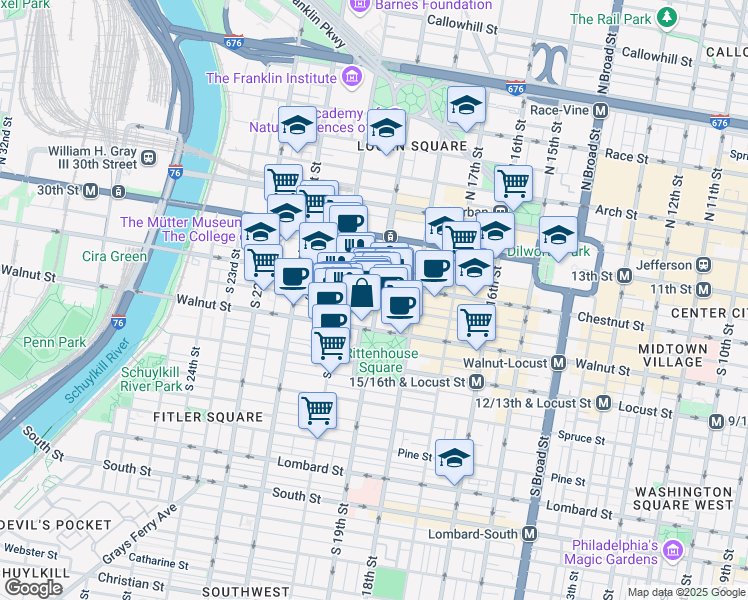 map of restaurants, bars, coffee shops, grocery stores, and more near 114 South 19th Street in Philadelphia