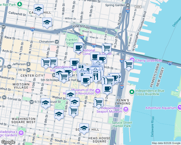 map of restaurants, bars, coffee shops, grocery stores, and more near 21 North 4th Street in Philadelphia