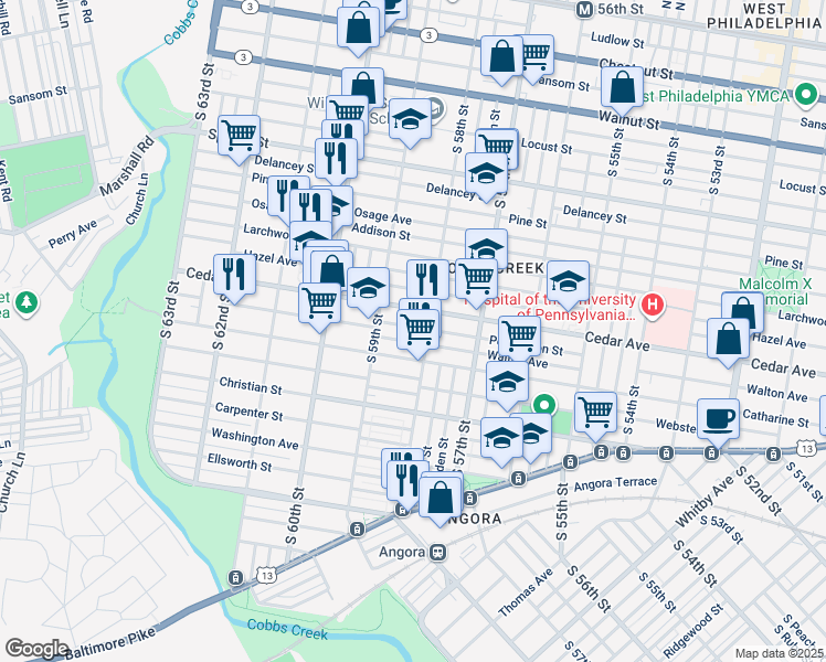 map of restaurants, bars, coffee shops, grocery stores, and more near 5818 Pemberton Street in Philadelphia